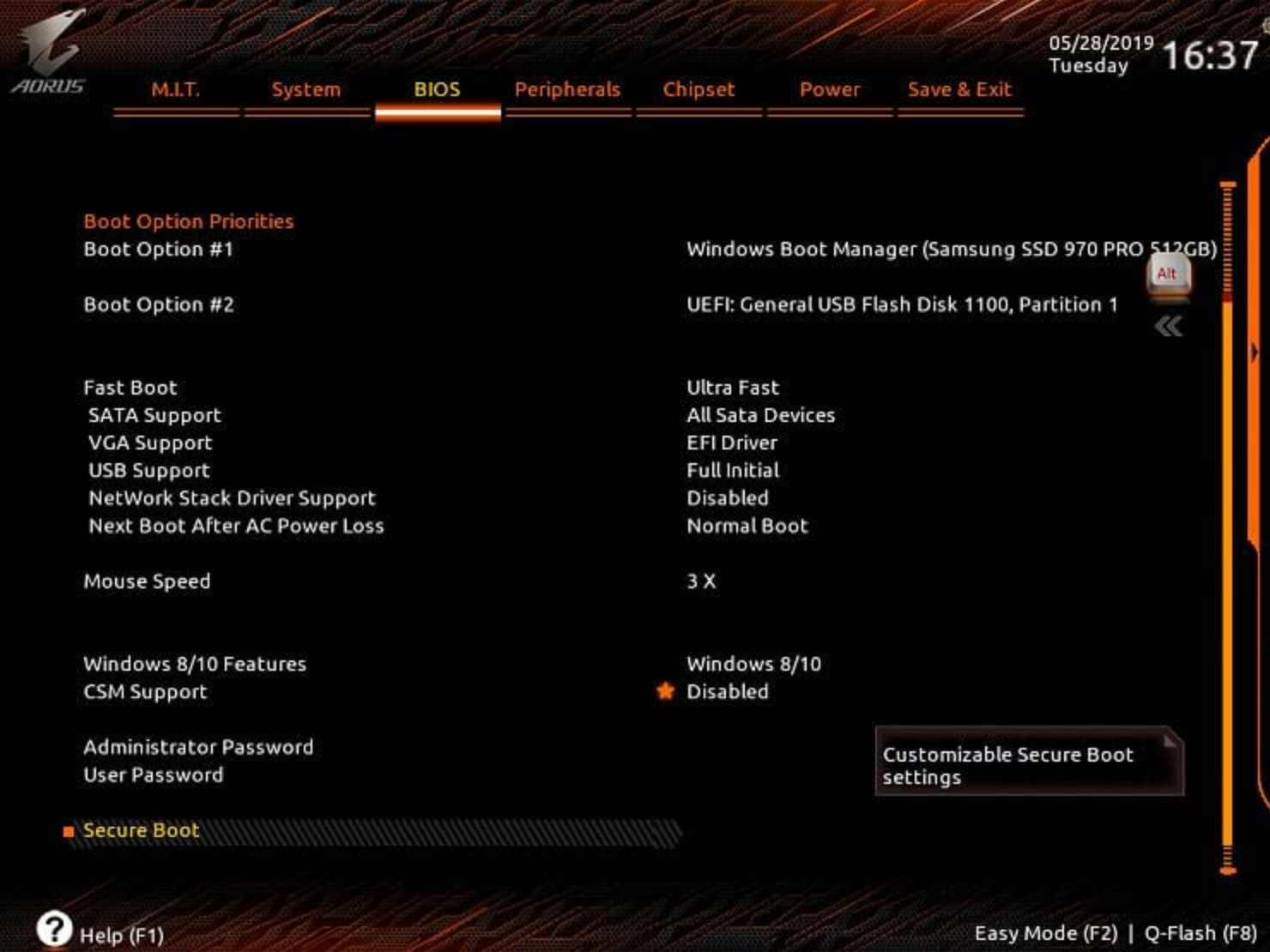 CSM Support is set to ‘Disabled’; Windows 8/10 Features option is set correctly