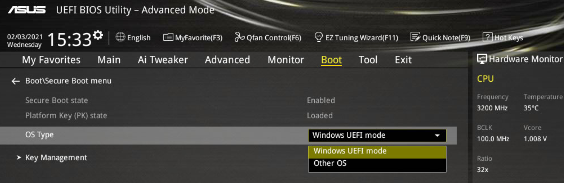 The OS Type option must be switched to Windows UEFI mode