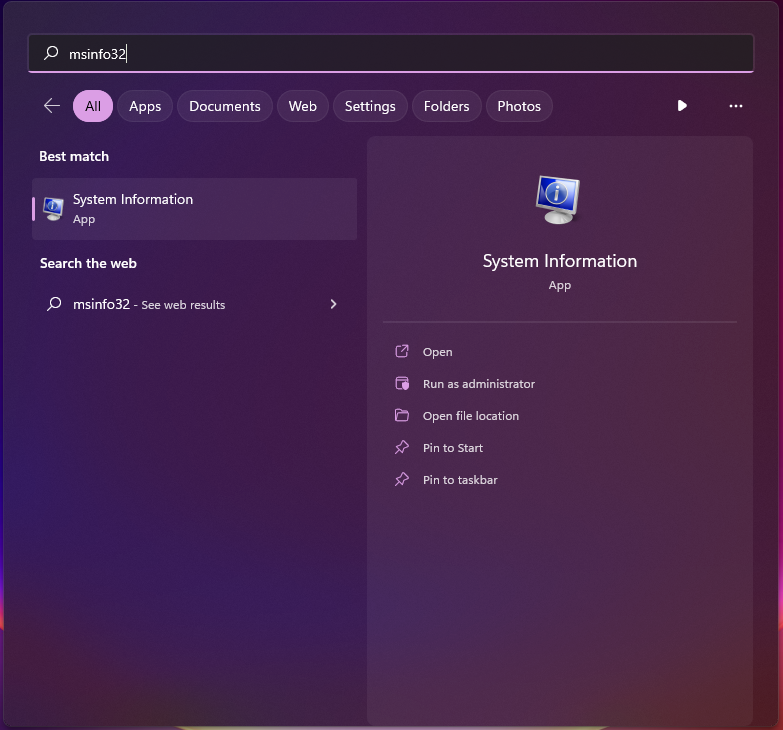 Open Windows 11 search box - type msinfo32 - open 'System Information'
