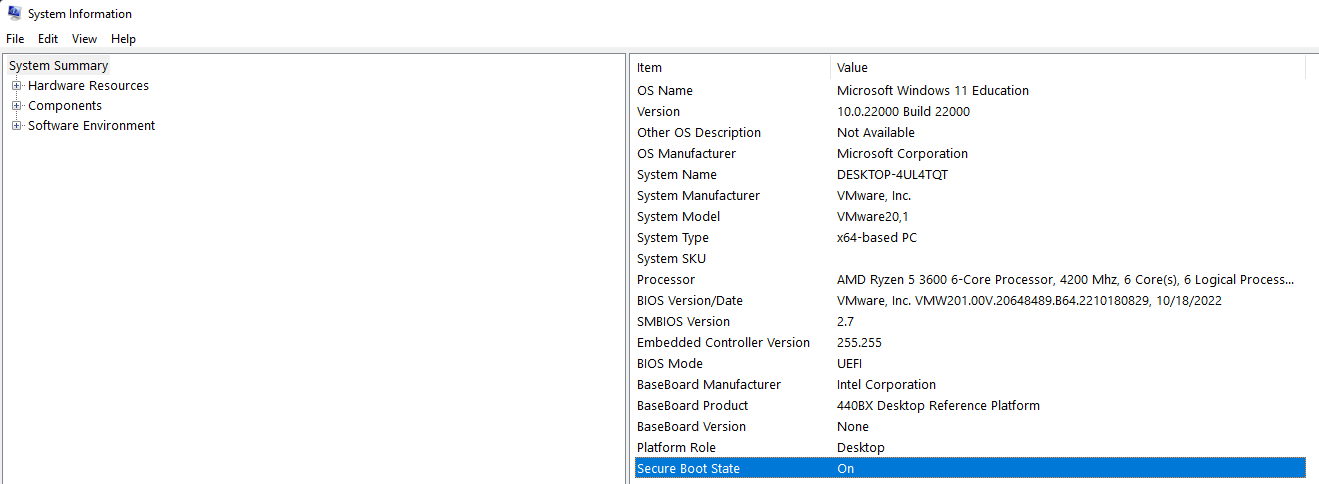 Correct configuration — Secure Boot is enabled and UEFI boot mode