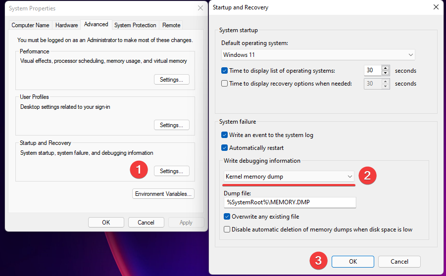 How to configure the system to generate kernel memory dump files