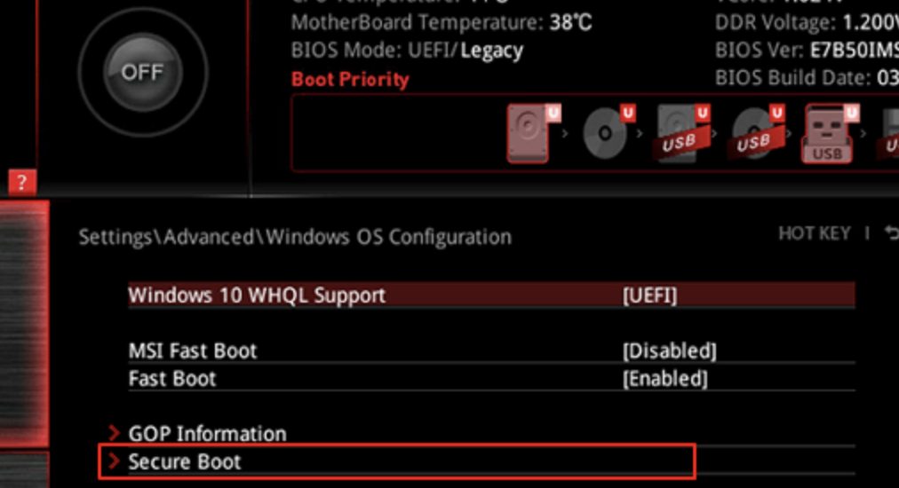 Включение Secure Boot на MSI
